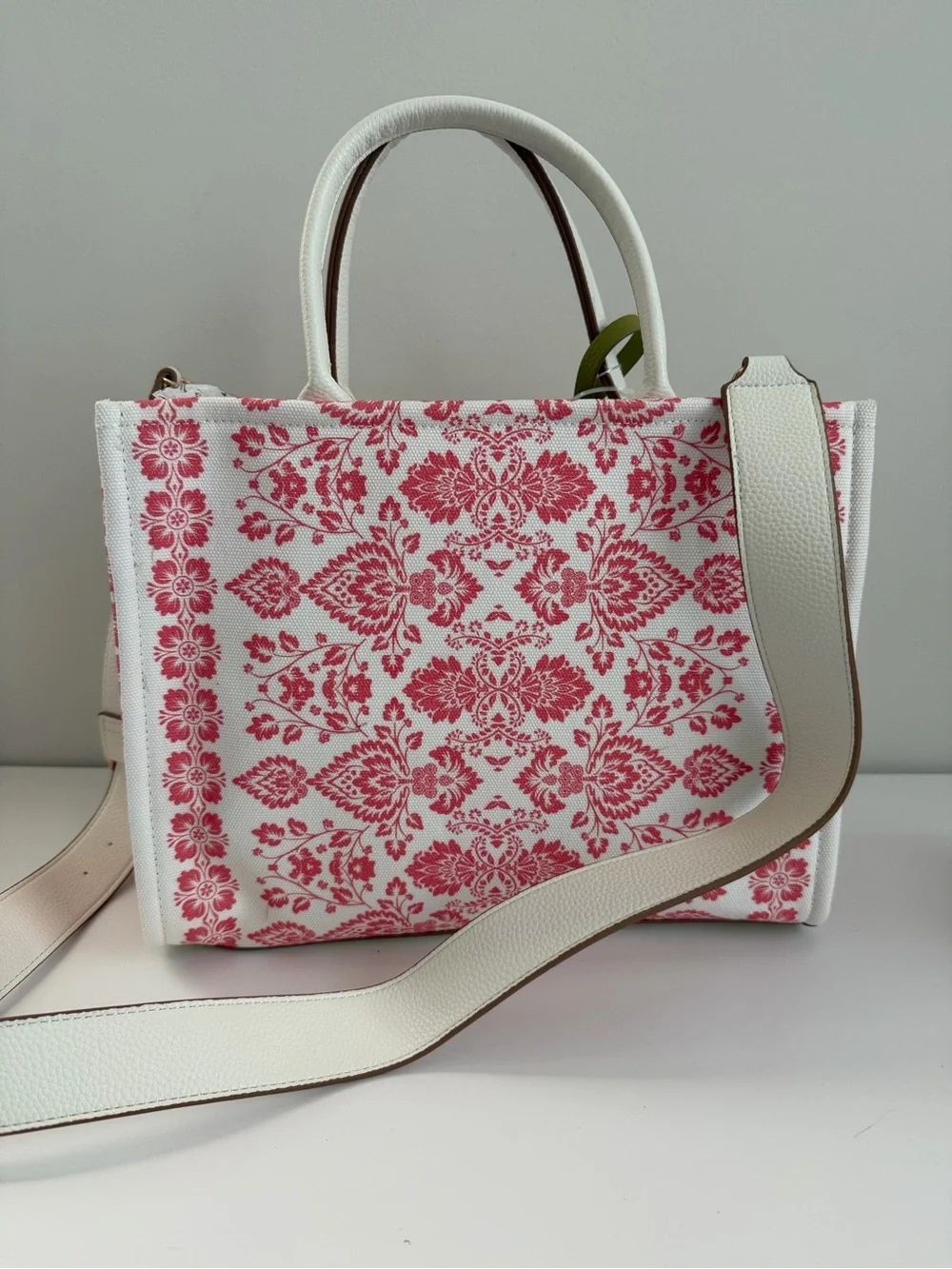 Floral Jacquard Tote Bag with Cherry Charm - White & Pink